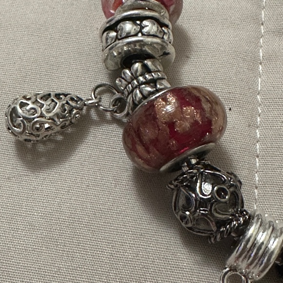Handmade-NWOT-925 SS plated charm bracelet. Red lamp work beads variety charms - Picture 5 of 12